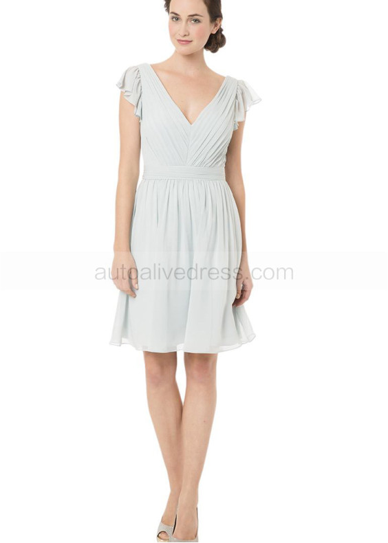 Slim V Neck Sky Blue Pleated Chiffon Knee Length Bridesmaid Dress